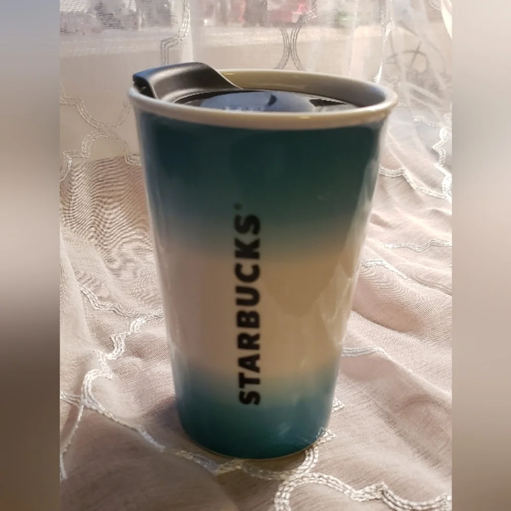 Starbucks Ceramic Ocean Aqua Blue Ombre Travel Tumbler 8 Oz.